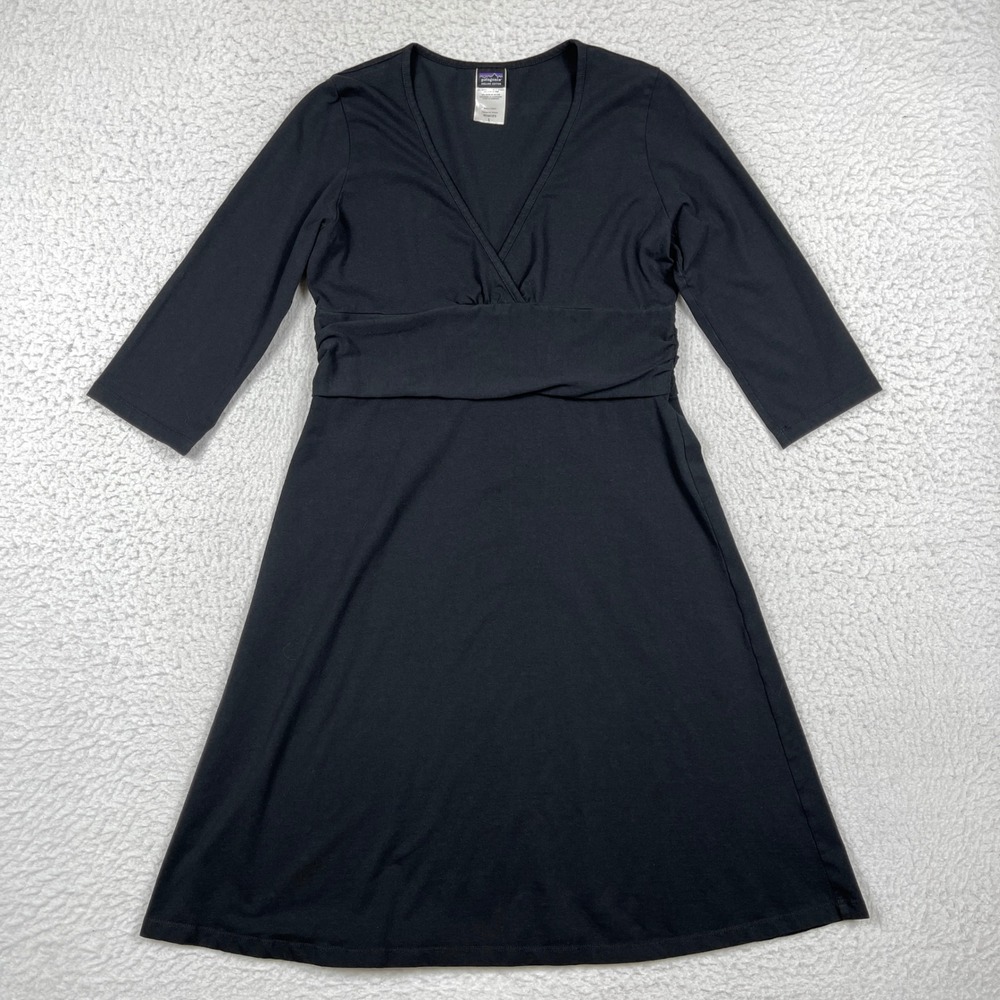 Patagonia Dress Womens L Black Kamala Faux Wrap Organic Cotton Gorpcore Minimal